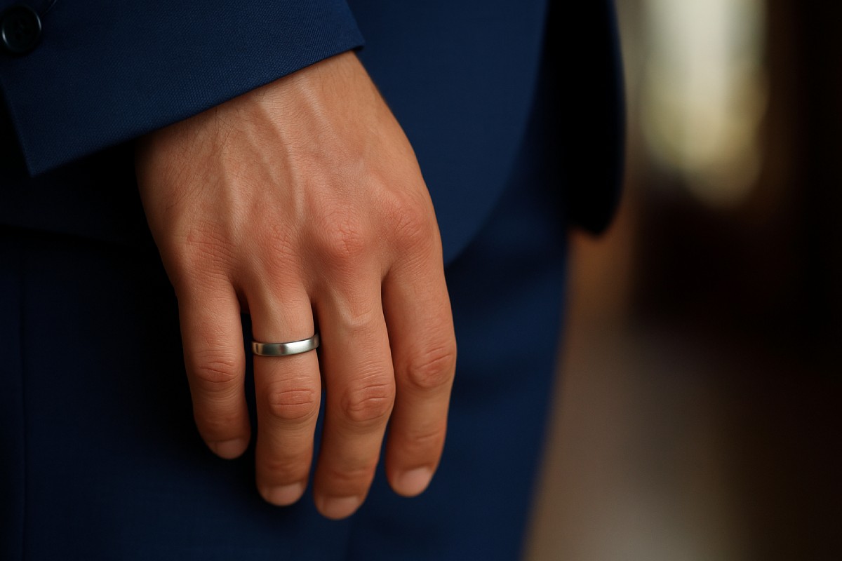 Gros plan sur une main masculine en costume bleu portant une bague de fiançailles en métal sobre à l’annulaire gauche – symbole d’un engagement moderne pour homme.